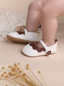 1 Pair Girls Plain Floral Hook And Loop Design Flat Fashionable Cute Princess Shoes,Suitable For Spring And Autumn