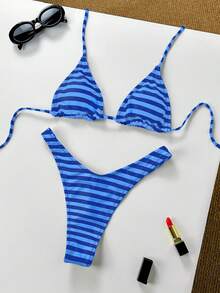 Women Vacation Stripe Printed Basic Swimwear For Summer Days From Poolside To Beachside, Everyday Mini Triangle Cheeky Bikini Beachwear - Blue - View 2