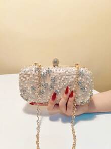 1pc Elegant Romantic Solid Color Pearl Beaded, Crystal Rhinestone Inlaid Hard Box Evening Bag, For Party, Wedding, Gathering