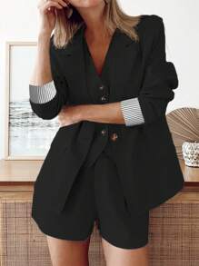 Women's Fashionable Lapel Collar Long Sleeve Jacket And Shorts Suit Set