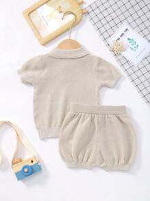 Bộ áo thun tay ngắn cổ polo dệt kim màu trơn mùa hè cho trẻ sơ sinh + quần short, kích cỡ nhỏ hơn, gợi ý đặt hàng lớn hơn một cỡ - Màu Khaki - Xem 7