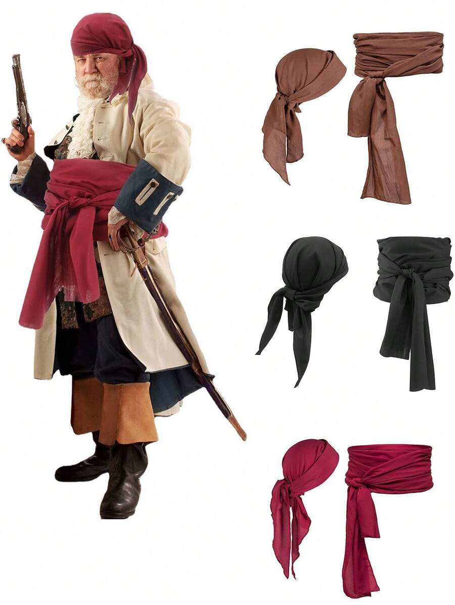 1套(2件)中世紀文藝復興海盜頭巾與腰帶服裝配件 派對舞蹈裝扮 Cosplay 表演道具 - 黑色 - 查看 1