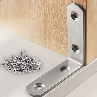 50/100 piezas Escuadras en L de acero inoxidable 201, soportes de ángulo recto de 90 grados con tornillos, accesorio de soporte en L para estantes de madera, sillas, mesas, tocadores, muebles - Plateado