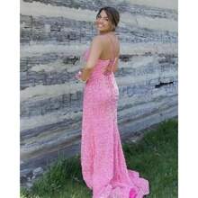 Spaghetti Straps Sequin Prom Dresses Mermaid Evening Dress Long Sparkly V Neck Formal Party Gowns With Slit - Aqua - 查看 3