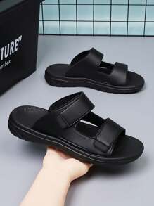 男士春夏款PU皮革休闲百搭黑色拖鞋 - 黑色 - 查看 2