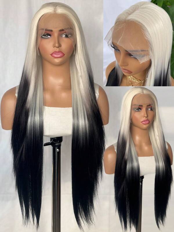 Peruca Frontal de Renda de 28 polegadas, Peruca de Cabelo Sintético Liso com Linha de Cabelo Natural, Fibra Resistente ao Calor, Degradê de Preto a Dourado, Adequado para Uso Diário e Reuniões de Mulheres