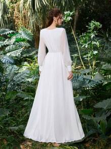 Chic Bridal Gown With Long Sleeve Deep V Neck & Belted Waist In Polyester Chiffon | Guest Dress For Wedding Showers, Botanical Garden Events, And Nature-Inspired Weddings,Bride