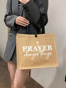 Geantă tote din in negru cu model inspirațional de litere și geantă de machiaj, geantă de cumpărături portabilă