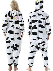 1 Stück Plüsch Kuh Tier Kostüm Hausanzug Warme Pyjamas Cosplay Outfit, Unisex geeignet für Herbst/Winter Party, Paare Geschenk (Wähle passende Größe, Länge basierend auf Körpergröße, gleiche Methode für Männer und Frauen), Party Kleid - Schwarz und Weiss - Übersicht 3
