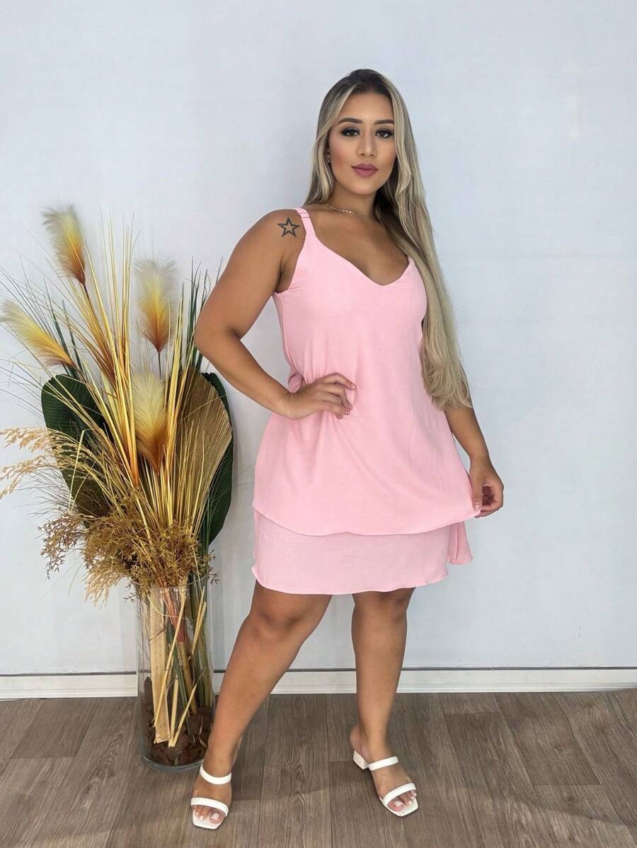 Vestido Curto com Babados na Barra - Rosa Bebê - Visão 1