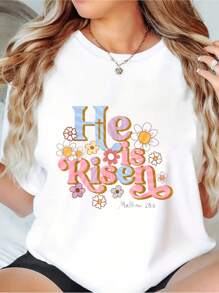 Retro Easter Groovy He Is Risen Christian Toddler Girl T-Shirt Women T Shirt, Short Sleeve Round Neck Casual Top For Summer & Spring, Women's Clothing