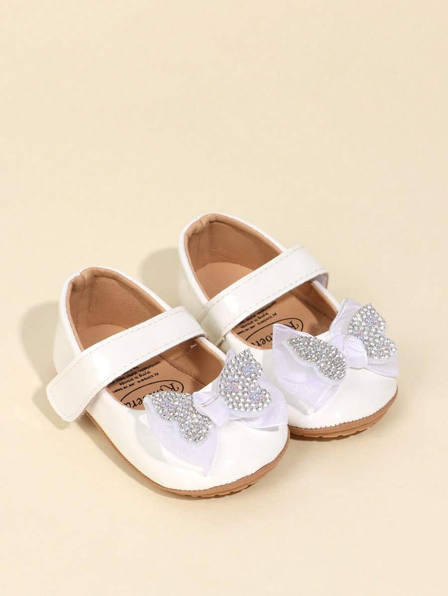 1 Pair Girls Bowknot Hook And Loop Design Flat Cute Princess Shoes,Suitable For 0-1 Year Old Toddler, Spring/Autumn - White - View 1