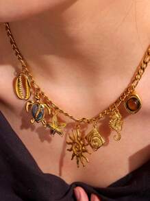 1 件复古优雅防水 18K 镀金不锈钢项链，带海龟、贝壳、海马、天然石吊坠，精致高端女士珠宝，防锈 - 多色 - 查看 5