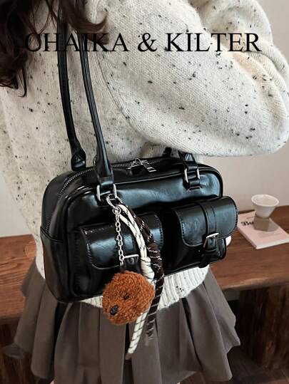 CHAIKA & KILTER 1 件女士亮面 PU 面料单肩包，时尚多口袋大容量波士顿保龄球包，带拉链开合，适合日常和户外使用（含吊坠）