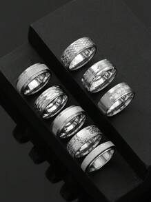 8 Pieces Fashionable Personalized Stainless Steel Copper Money With Rhinestones Horizontal Sand Elements Men's Ring Set Suitable For Daily Use With The Use Of Holiday Dating Gift Jewelry Engagement Wedding Gift - Silver - View 8
