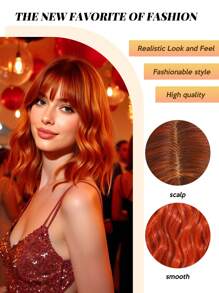 High Quality 14-Inch Synthetic Heat-Resistant Fiber Wig With Bangs In Short Orange Curls Ladies Wig Is Perfect For Holiday Party Everyday Wear