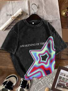 女式夏季趣味 T 恤短袖上衣，休闲宽松破洞星星印花 T 恤