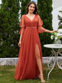 EVERPRETTY Elegant Spring V-Neck Lantern Sleeve V-Neck Mesh Burnt Orange Bridesmaid Dresses Formal Dress Wedding Guest Gown