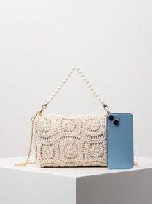 花卉镂空编织沙滩钱包、金属链斜挎包、女士仿珍珠手提包、女士优雅包包、婚礼用品、迷人晚装手拿包、节日必备品、派对礼服配饰（图案随机） - 杏色 - 查看 5