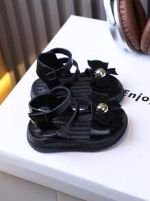 新款罗马风格夏季休闲女童时尚儿童防滑平底宝宝凉鞋 - 黑色 - 查看 6