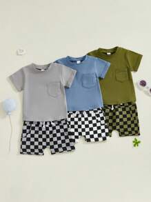 Baby Boy Summer 2 Pcs Outfits Solid Color Short Sleeve T-Shirt Checkered Shorts Set - Green - View 2