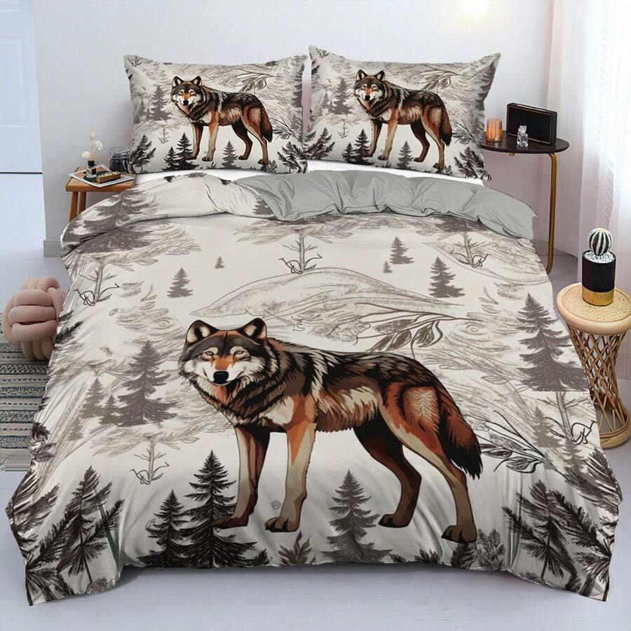 Bộ chăn ga gối thời trang 3 món, Bộ chăn ga gối in họa tiết nghệ thuật Wolf & Forest Totem, Bộ chăn ga gối mềm mại và thoải mái cho phòng ngủ và phòng khách (1*Chăn ga gối + 2*Vỏ gối, Không có lõi) - Nhiều màu - Xem 1