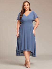 EVER-PRETTY Vestido de dama de honor con escote en V, mangas con volantes y fluido de chifón de alta baja para tallas grandes