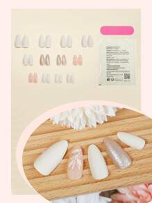 24 pezzi Adesivi per unghie a forma di mandorla media con motivo a foglie primaverili e glitter, unghie finte con copertura completa e brillantezza, adatti per uso quotidiano di donne e ragazze - Verde - Visualizzare 2