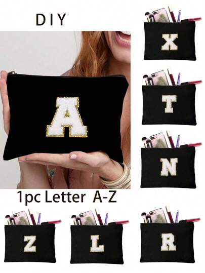 1 pieza Bolsa de cosméticos con monograma de iniciales de la A a la Z, bolsa de almacenamiento para artículos de tocador, bolsa para teléfono móvil, bolsa para lápices, bolso de mano, esenciales de viaje, regalo para chica, bolsa de almacenamiento para herramientas de maquillaje y brochas, útil para la escuela, fácil de transportar