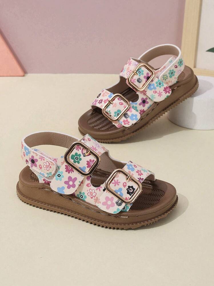 1 双花卉图案婴儿夏季凉鞋，时尚钩环扣平底运动凉鞋 - 白色 - 查看 2
