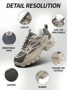 女士运动前厚底运动鞋，拼色皮革系带女鞋轻便透气运动鞋女鞋防滑耐磨户外运动鞋，舒适休闲女鞋