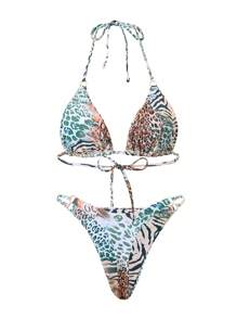 2025 Summer Beach 3pcs Bikini Set - Sexy Strap Triangle Bra, Beach Wrap Skirt & Hipster Bottoms, Printed Swimsuit