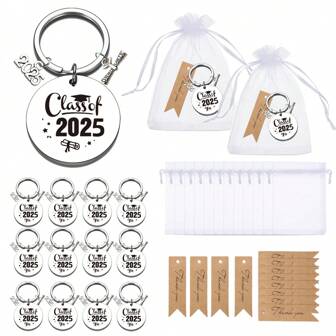 Set Of 36 Pieces, Silver Stainless Steel Keychains For Graduation Gifts In 2025, Class Party Gifts For 2025. The Set Includes 12 Graduation Celebration Keychains, 12 Brown Thank-You Labels, And 12 White Organza Bags. The Perfect Graduation Party Gift Features A Metal Design And Is Suitable For Various Graduation Parties Car Accessories Bag Charm School