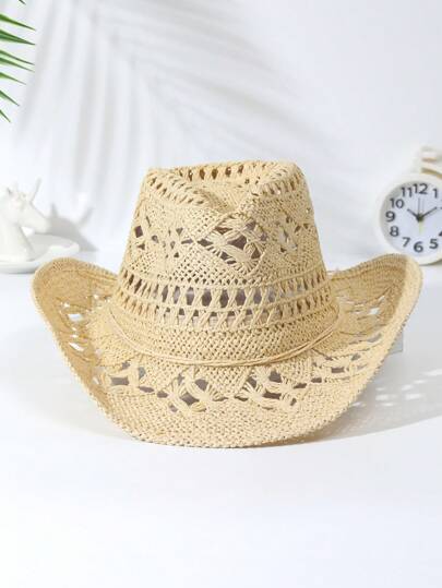 1pc Rope Decor Solid Hollow Out Straw Sun Hat, Casual Colorblocked Windproof Cowgirl Hat, Perfect Beach Hat For Outdoor