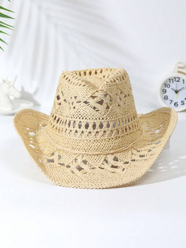 1pc Rope Decor Solid Hollow Out Straw Hat Cowgirl Hat Sun Hat Windproof Rope Cowboy Hat Perfect Beach Hat For Outdoor, Casual Paper Patchwork UV Protection