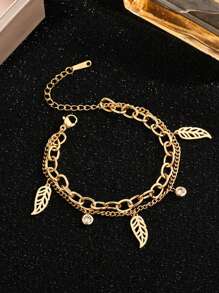 1 件时尚优雅的几何叶形亮片和羽毛装饰链手链，适合节日佩戴 - 金色 - 查看 1