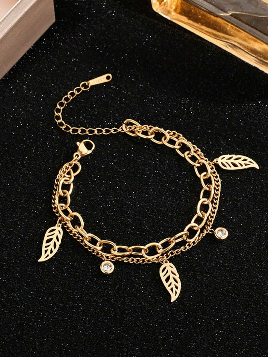 1 件时尚优雅的几何叶形亮片和羽毛装饰链手链，适合节日佩戴 - 金色 - 查看 1