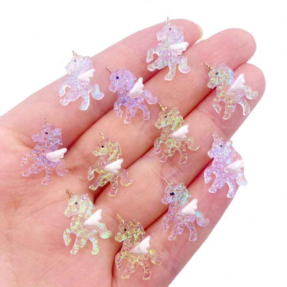 10pcs Hand Painted Mixed Resin Glitter Mini Colorful Pegasus Unicorn Flat Back Rhinestone Art Applique DIY Jewelry Making Scrapbook Decor Crafts Accessories Summer, School