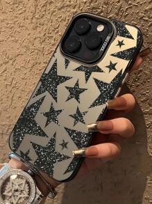 1 pieza Funda de teléfono a prueba de golpes de TPU con patrón de estrella de strass negra compatible con iPhone 16, 15, 14, 13, 12, 11 ProMax