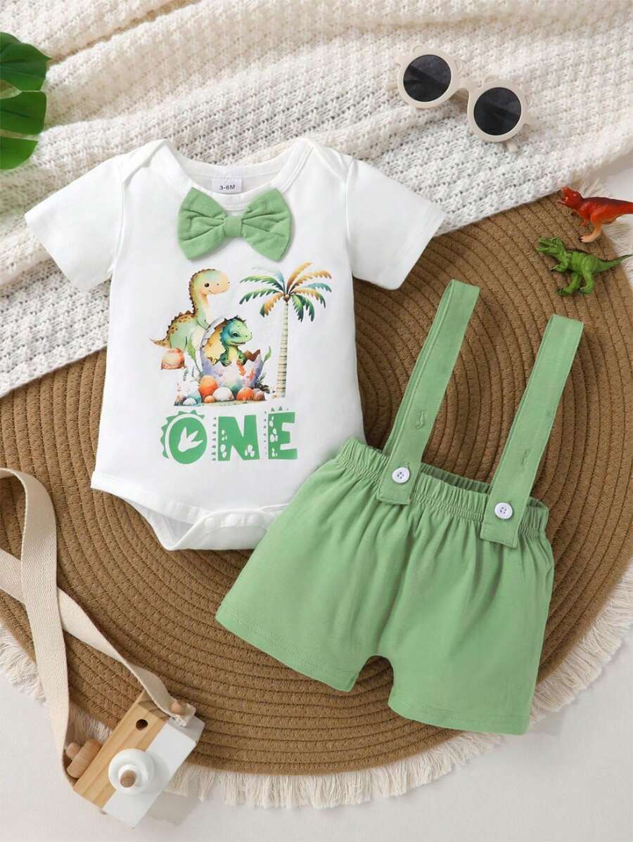 2pcs Set Casual Cute Gentleman Bowknot Decor Playful Dinosaur & Letter Print Romper And Solid Color Overalls Set, Soft Breathable Baby Boy Clothes, Infant Outfit, Newborn Baby Clothing, Baby Birthday Outfit, Suitable For Daily, Vacation, Party, Photo Shoot