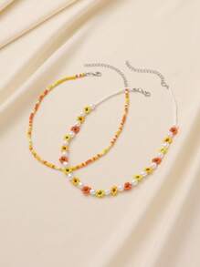 2pcs Boho Chic Beaded Pearl Flower Necklace Set, Handmade Lovely Necklaces For Women, Suitable For Vacation And Daily Wear - Yellow - View 6
