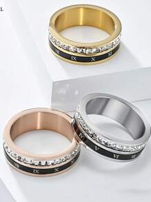 1 Piece Of Fashionable And Personalized Stainless Steel Plated With 18k Gold And Set With Diamonds, European And American Style, Roman Numerals, Bright Diamonds, Gemstones, Stainless Steel Ring, Versatile For Men And Women