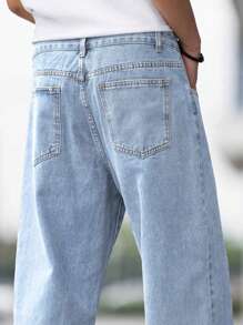 Men's Solid Color Jeans With Slanted Pockets - Baby Blue - View 6