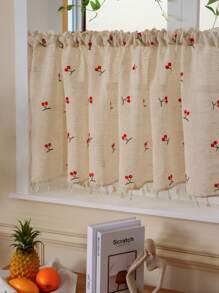1 件复古樱桃刺绣流苏薄纱窗帘，轻质农舍风格咖啡厅窗帘，适用于厨房、客厅、办公室家居装饰 - 紅櫻桃 - 查看 3