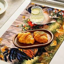 4 件套鸡场印花亚麻餐垫 - 100% 编织亚麻矩形桌垫，适用于餐厅、厨房 - 可洗、防滑、耐热餐垫，适用于咖啡桌、餐桌装饰