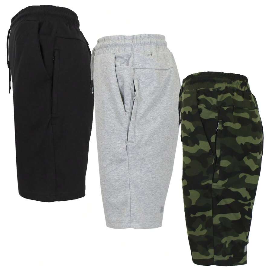3-Pack Men's Tech Fleece Jogger Lounge Sweat Shorts With Zipper Pockets (Sizes, S-2XL) - Black & Heather Grey & Camo - View 1