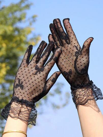 1只儿童手套 新款夏季蕾丝手套 黑色防晒提花蕾丝袖口甜美手套 假日演出手套