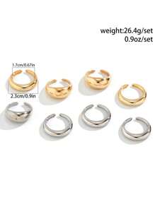 8 peças/conjunto de anéis abertos geométricos exagerados, cores misturadas de ouro e prata, adequados para todas as ocasiões, presente de feriado perfeito - Multicolorido - Ver 4