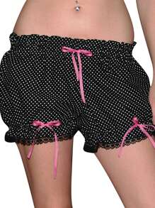 Women's Puffy Shorts Dot Pattern Bow Design Ruffled Low Rise Ruffle Shorts For Summer Vacation - Black - View 1