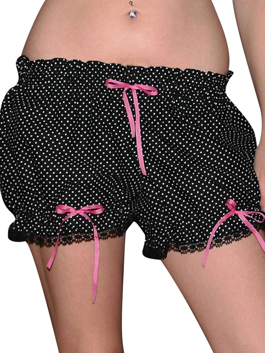 Women's Puffy Shorts Dot Pattern Bow Design Ruffled Low Rise Ruffle Shorts For Summer Vacation - Black - View 1